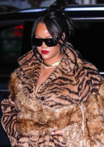 Rihanna wearing a tiger print fur coat and sunglasses