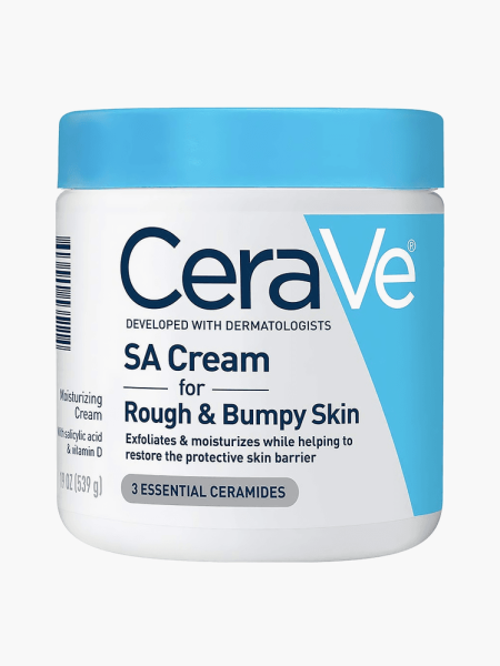 Moisturizing Salicylic Acid Exfoliating Body Cream in branded white and blue jar with soft blue lid on light gray background