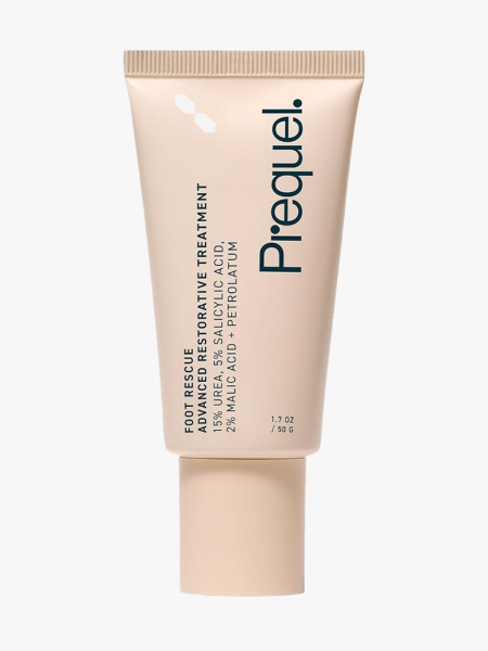 Prequel Foot Rescue Ointment peach tube on light gray background