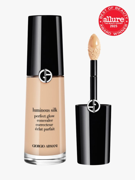 Armani Luminous Silk Concealer in branded glass bottle with black cap and doe foot applicator on light gray background with red Allure Best of Beauty seal in the top right corner